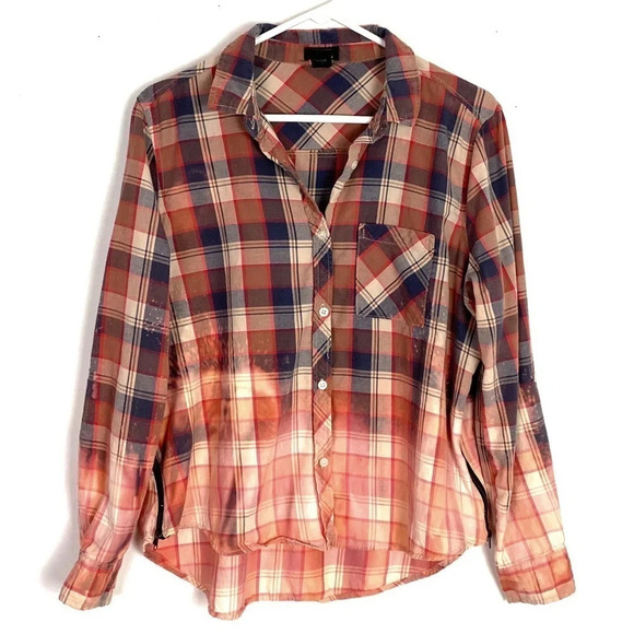 Handmade Ombré Custom Bleached Plaid Button Down Shirt Women Small Upcycled Boho - Picture 1 of 12